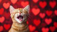 Happy ginger cat yawning or laughing against red background with heart bokeh pattern. Cute feline expression showing joy and playfulness on Valentine's Day themed backdrop.