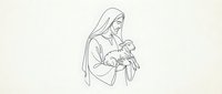 Minimalist line art of Virgin Mary holding baby Jesus in tender embrace, religious Christmas nativity scene illustration for spiritual designs.