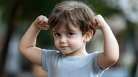 Young boy flexing muscles showing strength and confidence outdoors in casual gray shirt with determined expression for fitness and health concepts.