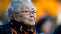Elderly Asian woman with gray hair and glasses wearing dark coat with orange scarf, thoughtful expression against warm blurred background for lifestyle content.
