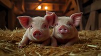 Two adorable pink piglets resting together on golden straw in rustic barn setting with warm ambient lighting creating cozy agricultural atmosphere.