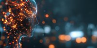 Digital profile silhouette with glowing orange network connections against dark blurred city background, representing artificial intelligence and technology innovation.