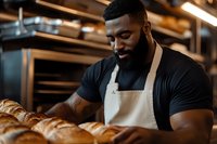 African American male baker with beard and muscular build wearing apron inspects freshly baked artisanal bread loaves in rustic bakery kitchen setting.