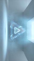 Glowing neon play button with digital circuit lines floating in modern futuristic corridor with blue light effects. Use for tech, media, streaming, innovation concepts.