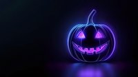 Glowing neon Halloween pumpkin with spooky carved face emitting blue and purple light against dark background, creating eerie festive atmosphere.