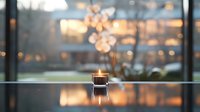 Glowing candle in square glass holder creates cozy atmosphere against blurred window background with bokeh lights and evening reflections. Peaceful home decor.
