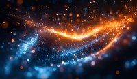 Magical glowing wave of orange and blue light particles with bokeh effect on dark background creates mystical cosmic atmosphere for creative projects.
