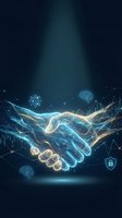 Digital handshake with glowing network connections and data visualization elements on dark blue background for business technology concepts.