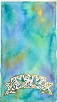 Watercolor gradient background in turquoise, blue, green, and purple tones with decorative banner featuring birds and foliage. Suitable for greeting cards, invitations, and design projects.