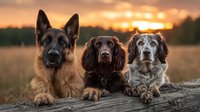 Three dogs of different breeds lying on wooden log during golden hour sunset in rural field setting for pet photography and animal companionship concepts.