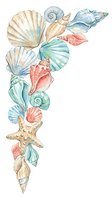 Watercolor seashell and starfish arrangement in soft pastels forming a vertical border design. Isolated on white background, ready for invitations, greeting cards, and coastal-themed projects.