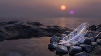 Delicate white feather resting on smooth pebbles at ocean shore during golden sunset with purple sky and gentle waves creating peaceful coastal scene.