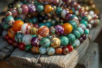 Colorful gemstone beads bracelet with natural stones including turquoise, agate, jasper arranged on rustic wooden surface for jewelry making and accessories.