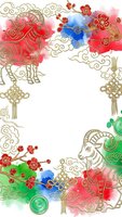 Chinese New Year frame with zodiac animals, plum blossoms, clouds and traditional ornaments on watercolor background for festive greeting cards and decorations.