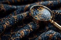 Vintage magnifying glass on dark textured fabric with golden pattern creates mysterious detective mood, dramatic lighting enhances investigation concept.