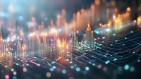 Digital financial data visualization with glowing charts, graphs and network connections representing market analysis, business intelligence and economic trends.