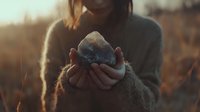 Young woman in cozy sweater holds crystal geode in cupped hands during golden hour sunset, creating magical atmospheric moment in nature setting.
