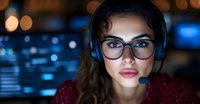 Young female professional in glasses and headphones working late at computer, illuminated by blue screen glow. Focused expression shows concentration on digital task.