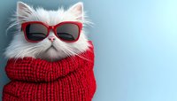 White Persian cat wearing red sunglasses and cozy knitted scarf against blue background. Funny pet fashion concept for social media, blogs and winter holiday cards.