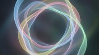 Glowing neon ribbons swirl in circular motion creating abstract light trails with pastel colors on dark background for digital design projects.
