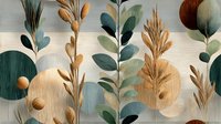 Botanical composition with stylized plants, leaves, and circular elements in earthy tones of green, blue, and beige against textured background.