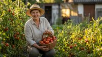 Middle-aged Caucasian woman farmer in straw hat holding wicker basket full of fresh red tomatoes in organic garden during golden hour harvest time.