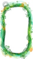 Watercolor shamrock clover frame with Celtic ornaments and rainbow elements on white background for St Patricks Day greeting cards and festive designs.