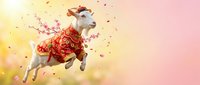 White goat in traditional red ornate costume leaping through colorful explosion of petals and confetti against warm gradient background for festive celebrations.
