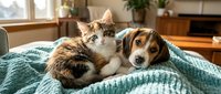 Young tabby and white cat with brown and white beagle dog resting together on knitted blanket indoors, depicting pet companionship and cozy home environment.