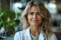 Confident mature female medical professional with blonde wavy hair wearing white coat smiles warmly in modern healthcare setting with natural lighting.