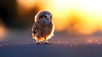 Young brown owl standing on ground at sunset with golden backlight creating magical silhouette against warm orange sky, wildlife photography.