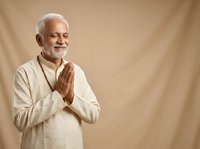 Senior man with white hair and beard, South Asian ethnicity, wearing traditional cream-colored kurta, performing namaste gesture with hands pressed together in prayer position against neutral beige background.