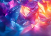 Vibrant geometric crystal shapes in pink, purple, orange and blue colors creating abstract background with light effects and bokeh for modern design projects.
