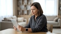 Middle-aged Caucasian businesswoman using tablet computer at home office desk, professional remote work setup with modern living room background.