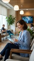 Middle-aged woman in business casual attire using digital tablet with holographic interface in modern office lobby. Warm wooden ceiling, pendant lighting, colleagues working in background, potted plants, contemporary workspace environment.