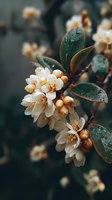 Delicate cream blossoms with unopened buds on dark green foliage, creating moody botanical atmosphere for nature and garden designs.