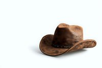 Vintage brown leather cowboy hat isolated on white background, worn western headwear with distressed texture and classic shape for ranch lifestyle.