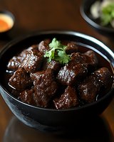 Braised beef chunks in dark savory sauce garnished with fresh cilantro served in black ceramic bowl, moody food photography for restaurant menu and cookbooks.