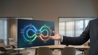 Businessman presenting holographic circular infinity symbol with glowing neon effects in modern conference room for technology presentations.