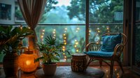 Cozy corner with rattan chair, glowing lantern, potted plants and string lights creating warm atmosphere by window during blue hour evening.