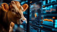 Brown cow head against futuristic digital interface displaying agricultural data monitoring and analytics screens with blue glowing charts and graphs for smart farming technology.