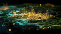 Futuristic digital landscape with glowing golden city lights emerging from turquoise waves, creating abstract technological terrain in tilt-shift style photography effect.