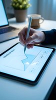 Professional using digital stylus pen on tablet for development project planning and workflow design in modern office workspace.