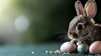 Young brown rabbit near decorated Easter eggs on blurred green background with bokeh lights, spring holiday celebration composition.