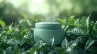 Green cosmetic cream jar surrounded by fresh wet mint leaves and morning dew drops against blurred natural background, showcasing organic skincare product.