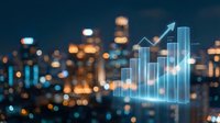 Glowing bar chart with upward arrow showing financial growth and success against blurred city lights at night, representing business analytics and market trends.