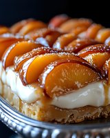 Fresh peach tart with vanilla cream filling on buttery crust, garnished with caramelized peach slices arranged in overlapping pattern, close-up view on silver platter.