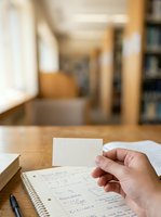 Close-up of hand holding blank white card over open notebook with handwritten notes on wooden desk in bright office or study room with blurred background.