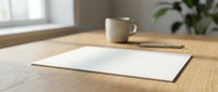Blank white paper on wooden desk with coffee mug and plant, ready for design mockups, branding presentations, or office workspace layouts.