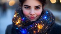 Young woman wearing illuminated fiber optic scarf with colorful LED lights creating magical glow effect in winter evening setting for fashion technology concepts.